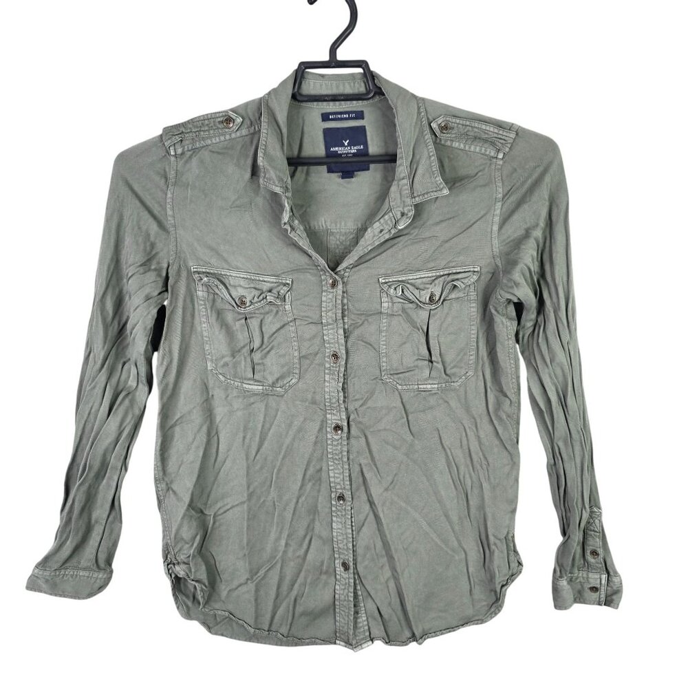 Womens American Eagle Green Boyfriend Fit Shirt Button Up Long Sleeve Viscose M - Picture 1 of 8